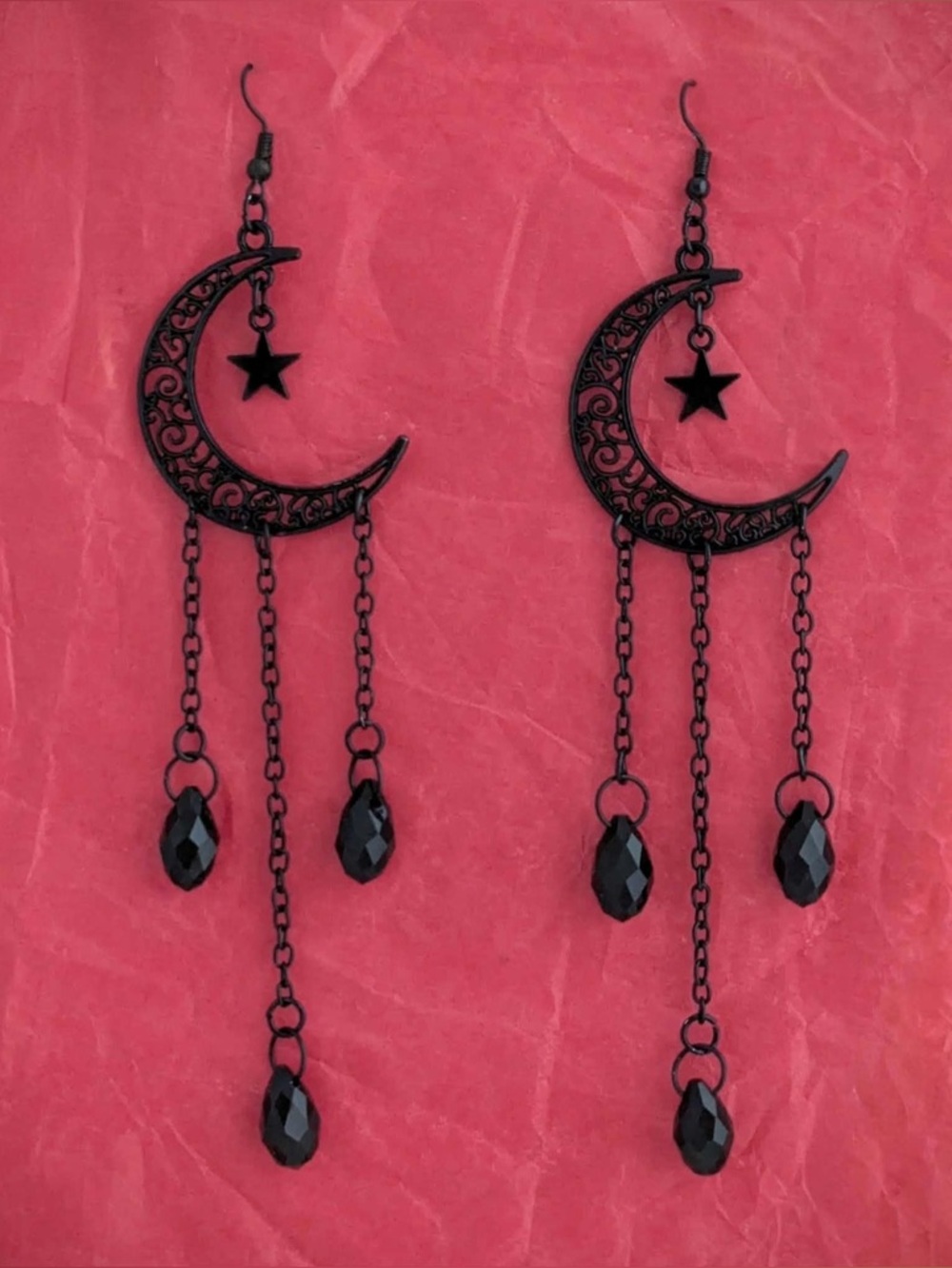 Gothic Black Crescent Moon & Star Long Dangle Earrings 🖤🌙✨🖤